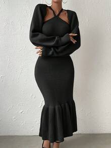 SHEIN Privé Halter Neck Mermaid Hem Sweater Dress & Drop Shoulder Cardigan - Black - View 3