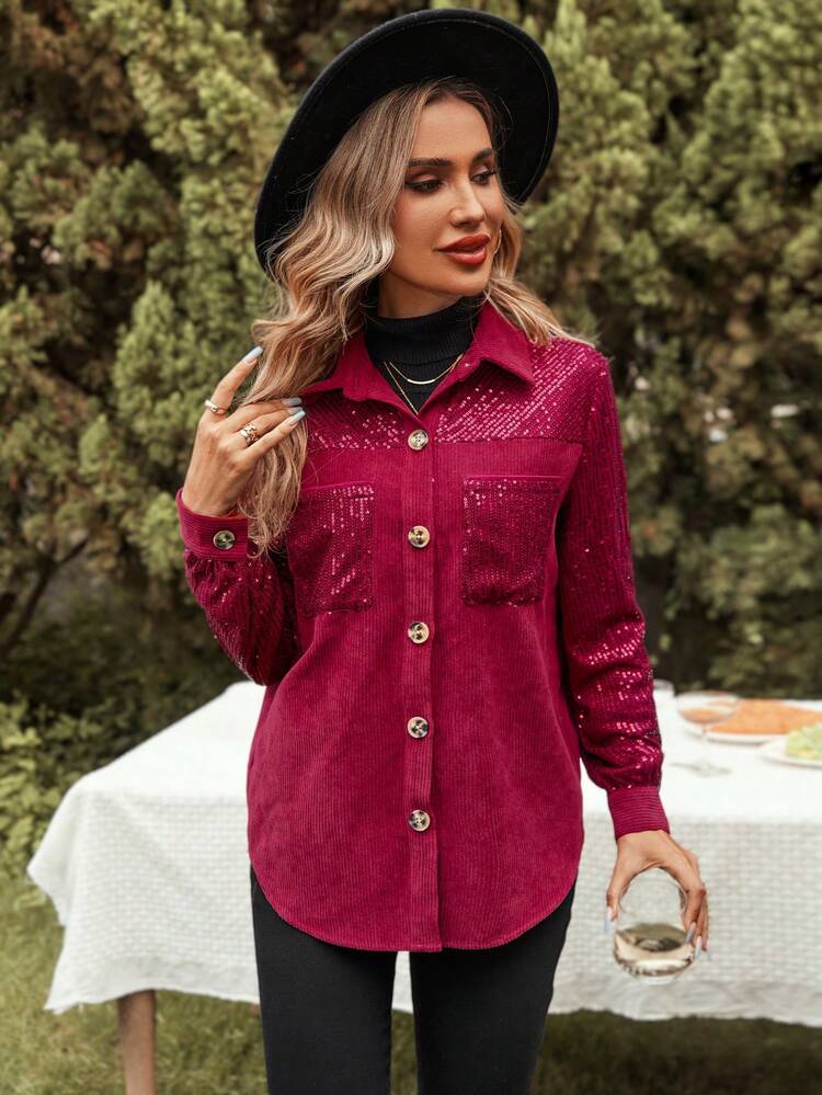 Contrast Sequin Pocket Patched Button Front Corduroy Coat