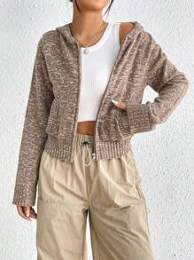 SHEIN EZwear Marled Knit Drop Shoulder Hooded Cardigan - Coffee Brown - View 4