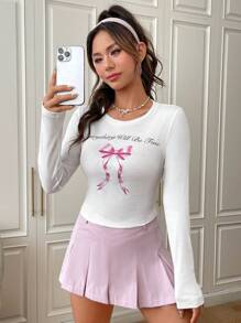 SHEIN EZwear 蝴蝶結&標語圖案T恤 - 白色 - 查看 1