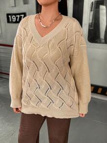 Flirla Plus Pointelle Knit Drop Shoulder Sweater Knit Pullover Fall Winter Sweater - Apricot - View 4