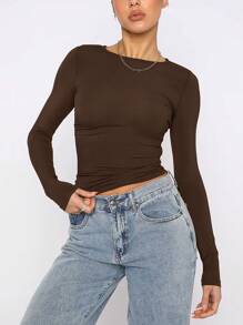 Elegant & Versatile Women's Solid Color Round Neck Long Sleeve Ruched Fitted T-Shirt, Suitable For Summer And Autumn/Winter Seasons