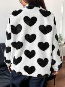 SHEIN Unity 愛心圖案拉鍊絨毛外套 - 黑與白 - 查看 2