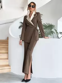 Firerie 拼接邊側打結西裝外套&下擺開叉長褲 - 咖啡棕 - 查看 3