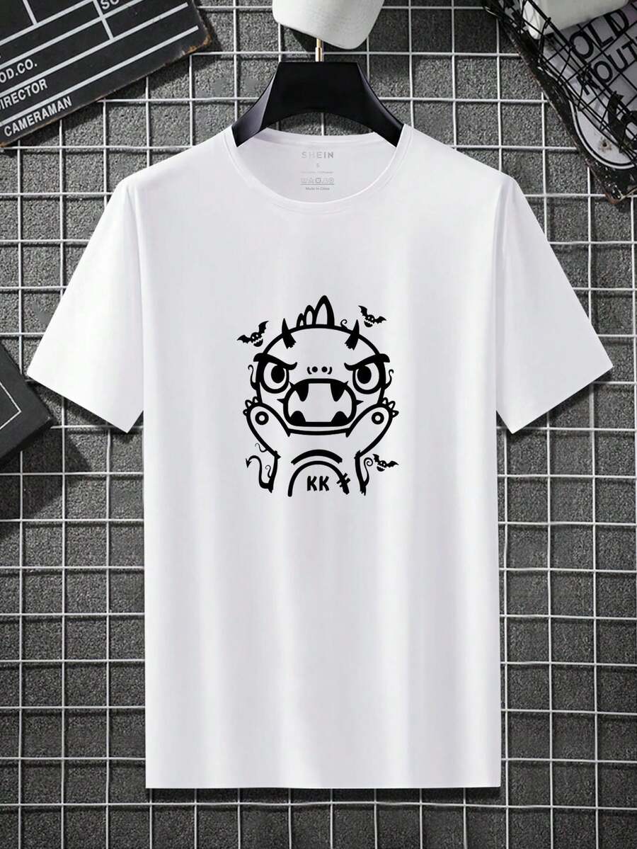 男士卡通印花圓領套頭t恤 - 白色 - 查看 1