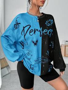 SHEIN EZwear Đồ họa Chữ cái Hai âm Thả vai Áo nỉ - Màu xanh lam - Xem 5