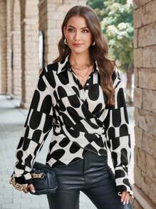 GENKIRA Allover Print Crossover Front Shirt - Black and White - View 4