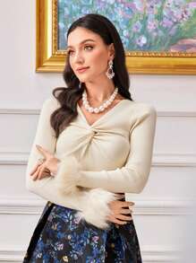 Modelyn Twist Front Fuzzy Cuff Sweater Knit Pullover Fall Winter Outfit - Apricot - View 5