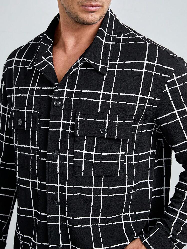 Men's Plus Size Loose Fit Plaid Print Shacket With Flap Pockets, For Fall Winter