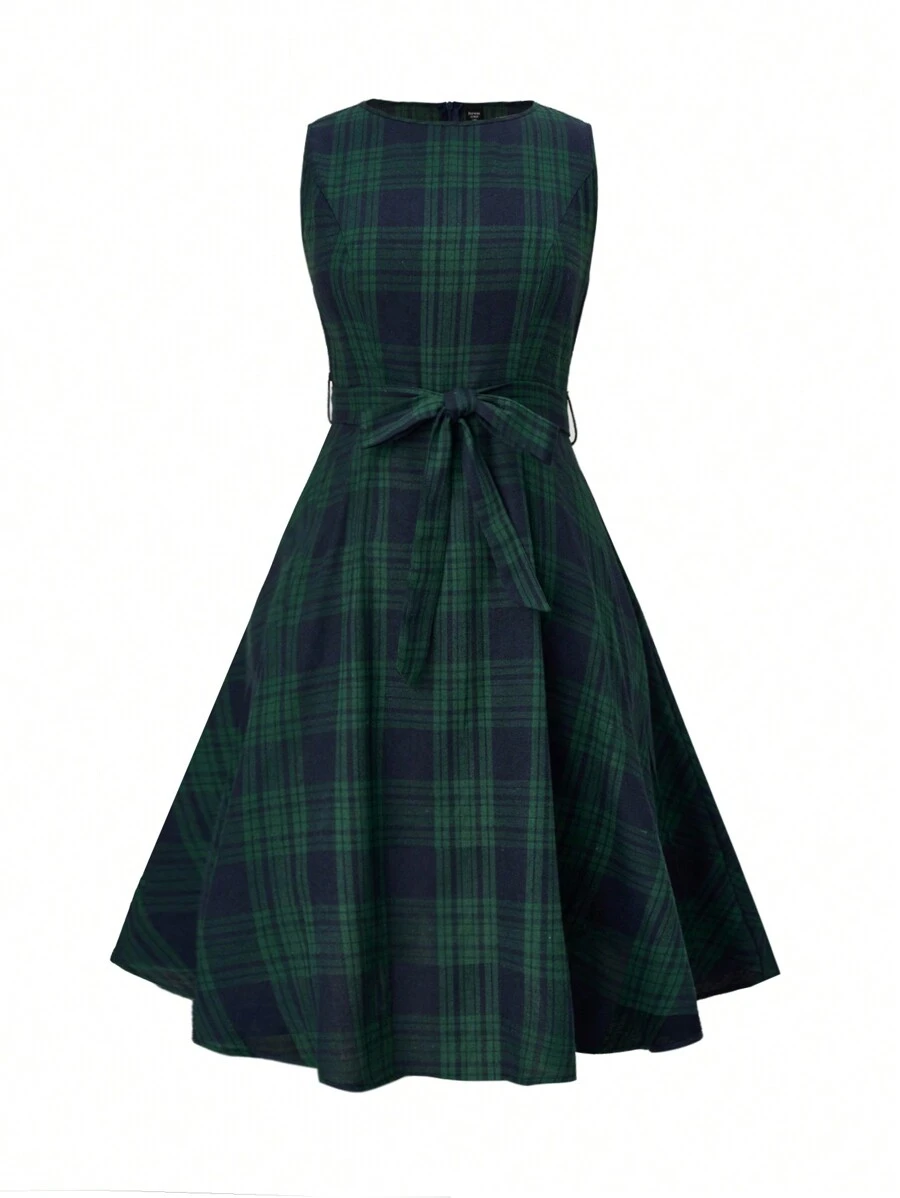 SHEIN Clasi Plus Plaid Print Belted Dress - Green - View 1