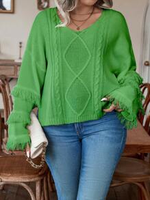 Calvaya Plus Fringe Trim Drop Shoulder Cable Knit Sweater - Olive Green - View 4