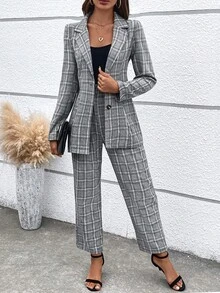SHEIN LUNE 格紋印花西裝領西裝外套和褲子 - 灰色 - 查看 4