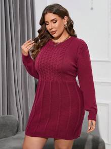 SHEIN Clasi Plus Solid Cable Knit Sweater Dress - Burgundy - View 5
