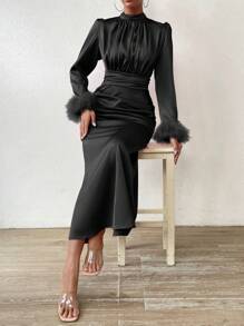 SHEIN Raffinéa Fuzzy Cuff Ruched Mock Neck Dress Maxi Women Outfit Fall Cloth For Women - Black - View 4