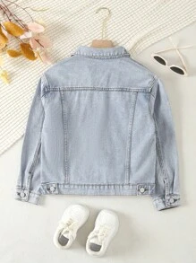 Cô gái Tween 1 Miếng Chi tiết về Flap Áo khoác denim - Rửa nhẹ - Xem 2