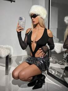 SHEIN ICON Cut Out Contrast Mesh Cold Shoulder Bodysuit - Black - View 5