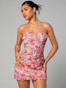 SHEIN BAE Floral Appliques Tube Bodycon Dress - Pink - View 6