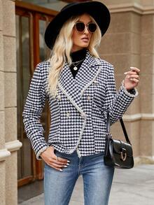 SHEIN Frenchy Houndstooth Print Lapel Neck Blazer - Black and White - View 5