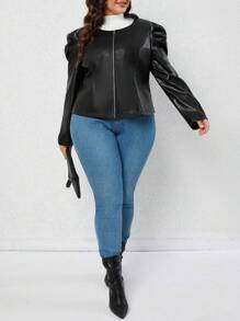 SHEIN LUNE Plus Gigot Sleeve PU Leather Jacket - Black - View 4