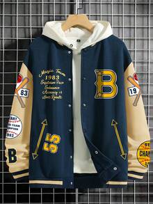 Manfinity EMRG 男士寬鬆版型字母印花彩色拼接棒球夾克,對比袖子設計 - 彩色 - 查看 6