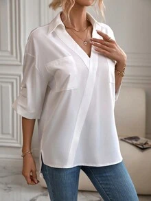 SHEIN Essnce Solid Pocket Patched Drop Shoulder Shirt - White - View 5