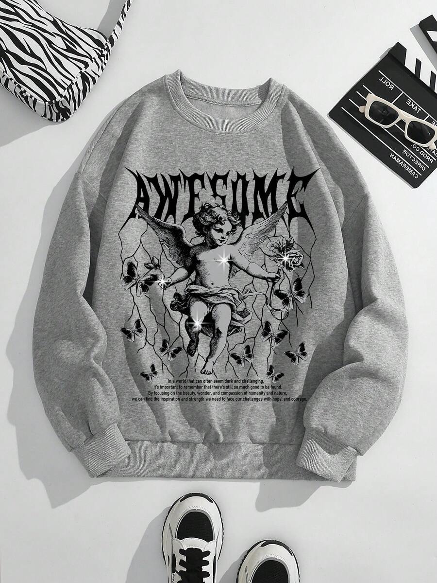 SHEIN Essnce Drop Shoulder Fashion Patterned Women's Sweatshirt - Light Grey - View 1