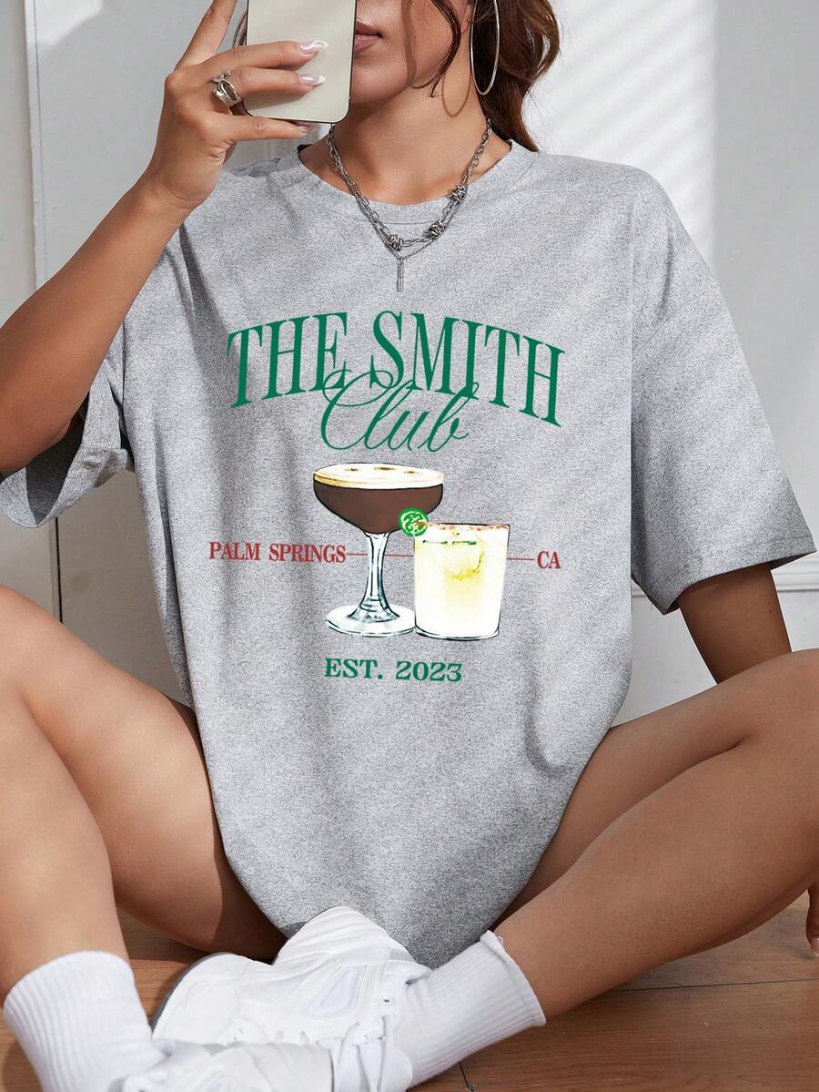 SHEIN EZwear Đồ họa Chữ cái Áo thun Thả vai - Xám - Xem 1