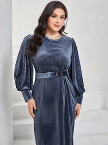 Modelyn Plus Lantern Sleeve Belted Velvet Dress - Dusty Blue - View 3