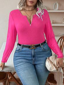 Celure Talla grande Camiseta con cremallera delantera - Rosa Fucsia - Ver 5