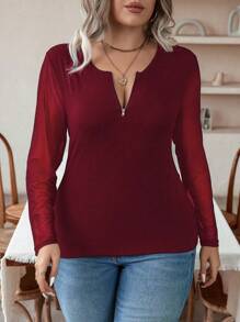 Celure Plus Contrast Mesh Zipper Front Tee - Burgundy - View 6