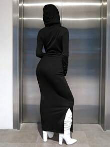 SHEIN ICON Chất rắn Tách đùi áo có mũ Váy bodycon - màu đen - Xem 2