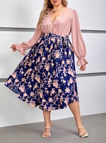 SHEIN VCAY Hơn In hoa Tay áo loe Váy có thắt lưng - Bụi hồng - Xem 1