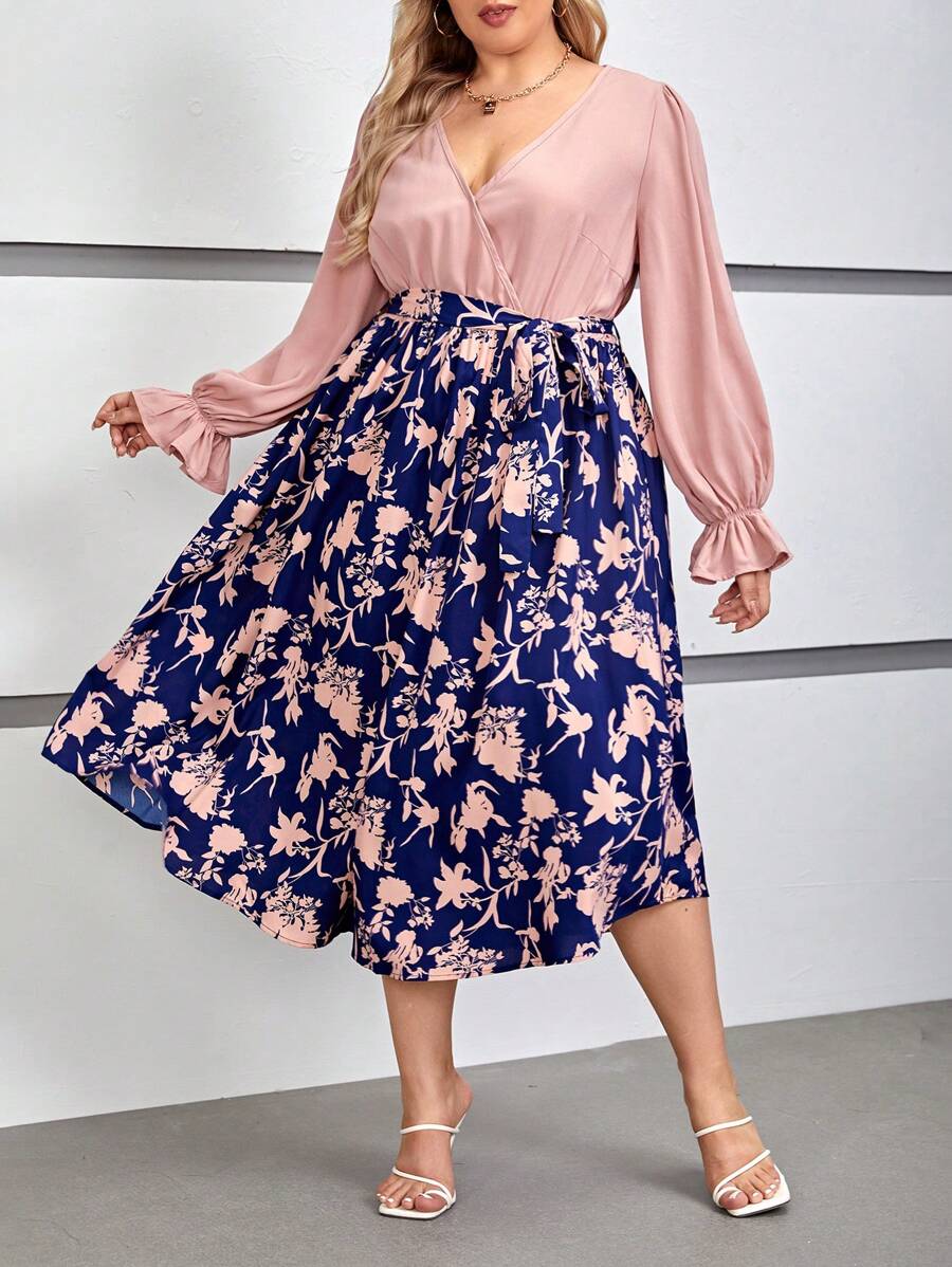 SHEIN VCAY Hơn In hoa Tay áo loe Váy có thắt lưng - Bụi hồng - Xem 1