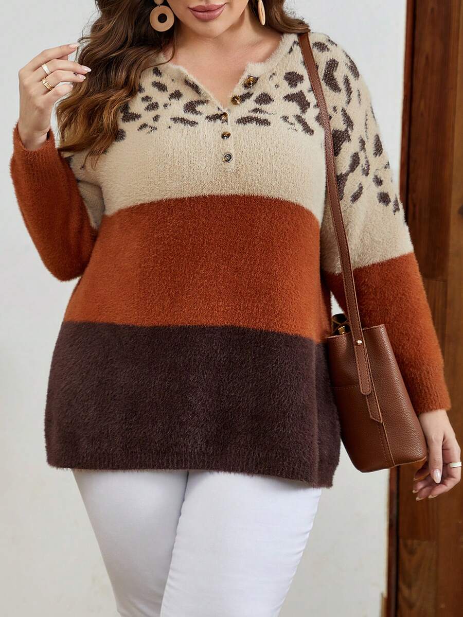 EMERY ROSE Hơn Họa tiết da báo tương phản Mẫu Khối màu Thả vai Áo len - Nhiều màu - Xem 1