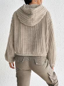 SHEIN EZwear Drop Shoulder Fleece Hoodie - Khaki - View 3