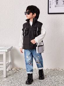 SHEIN 1pc Toddler Boys' Cool Workwear Style Vest With Pockets, Comfortable, Fashionable, Simple, Soft, Practical And Warm, Perfect For Autumn And Winter