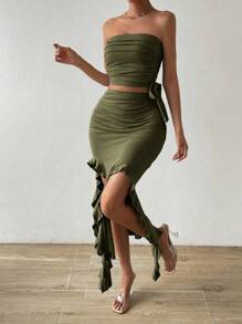 Rafferiza Xù Nút ven Ống ngọn & Tách đùi Váy - xanh quân đội - Xem 4