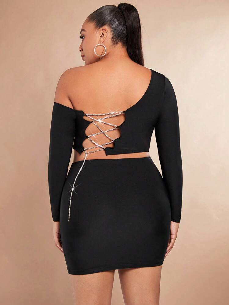 Plus Asymmetrical Neck Lace Up Back Rhinestone Crop Top & Bodycon Skirt