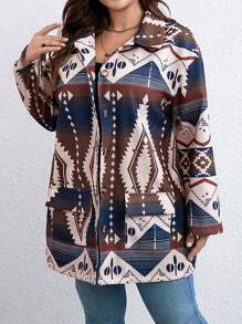 SHEIN LUNE Plus Geo Print Drop Shoulder Overcoat - Multicolor - View 3