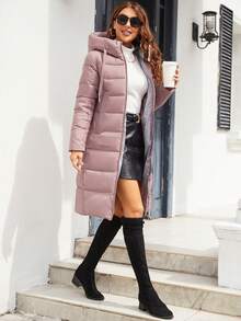 MIEGOFCE Zip Up Drawstring Hooded Padded Coat, Ladies Winter Casual Pocket, Zipper Regular Sleeve Hooded Regular Fit Dusty Pink Plain Women Padded Coats, Winter Warmth/ Winter Fashion - Dusty Pink - View 3