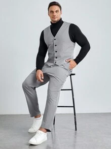 Manfinity VCAY 男士大码前紐扣馬甲&西裝褲不帶T恤 - 灰色 - 查看 1