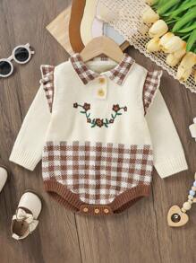 Baby Girl Floral Embroidery Gingham Pattern Ruffle Trim Polo Neck Knit Bodysuit - Coffee Brown - View 1