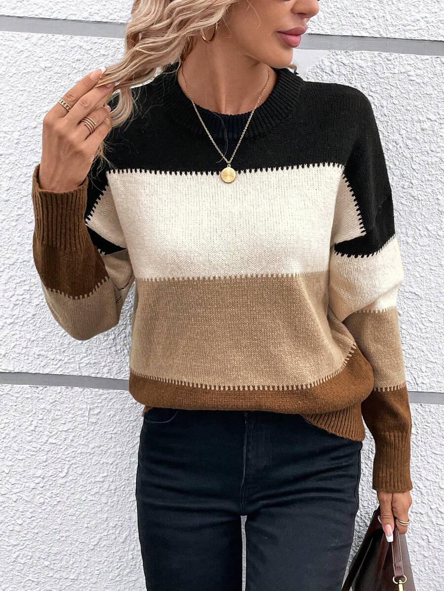 SHEIN LUNE 秋冬撞色落肩毛衣 - 彩色 - 查看 1