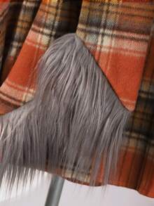 SHEIN 女小童格紋印花毛茸邊花呢外套&圍巾 - 彩色 - 查看 4