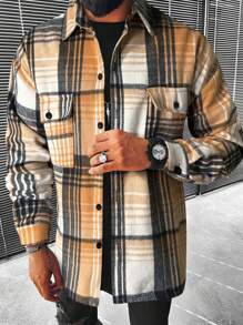 Manfinity Homme Loose Men's Plaid Print Overcoat With Flap Pockets And Drop Shoulders - Yellow - View 1