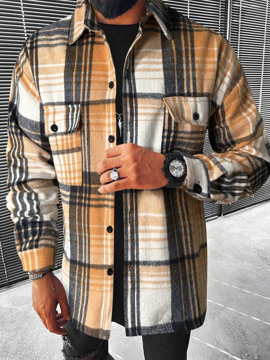 Manfinity Homme Loose Men's Plaid Print Overcoat With Flap Pockets And Drop Shoulders - Yellow - View 1