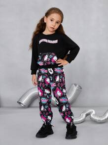 JUSTICE LEAGUE X SHEIN Young Girl Cute Retro Casual Black Cartoon Hero Letter Pattern Print Loose Long Sleeve Pocket Sweatshirt And Pants Set - Black - View 3