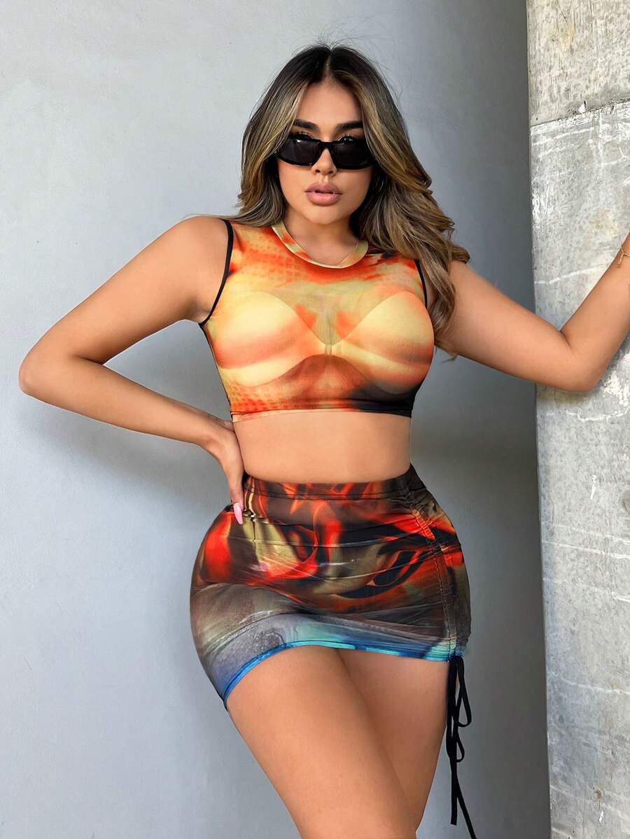 SHEIN SXY Tie Dye Tank Top & Drawstring Side Bodycon Skirt - Blue - View 1