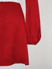 SHEIN BAE 深V領燈籠袖十字交叉後背繫帶緞面洋裝 - 紅色 - 查看 3