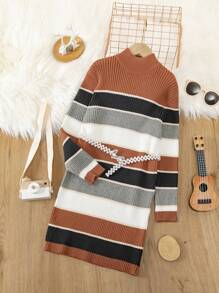 SHEIN Tween Girl Striped Pattern Mock Neck Sweater Dress Without Belt - Multicolor - View 1
